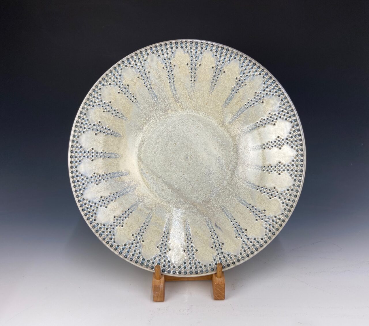 Katie Meili Messersmith finished pot, infinite cobalt whispers bowl, dot pots, slip trailed dots