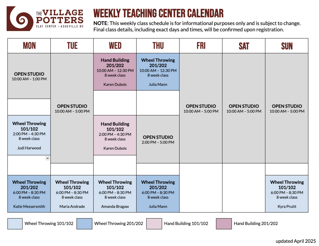 Teaching Center Weekly Class Schedule