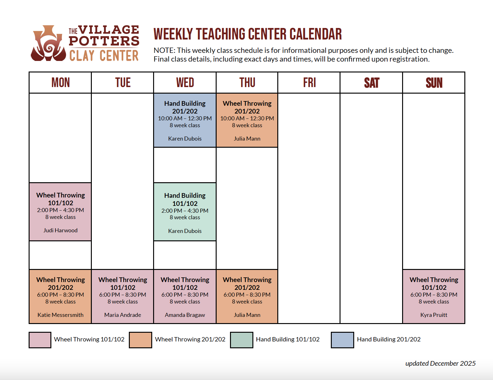 Weekly TC Class Schedule